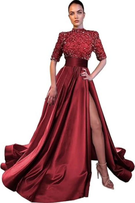 Burgundy Half Sleeves Mermaid Prom Dress with Slit