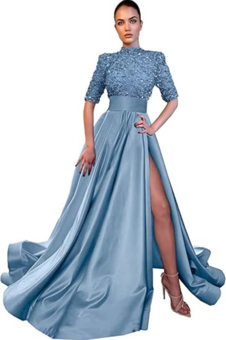 Dusty Blue Half Sleeves Mermaid Prom Dress with Slit