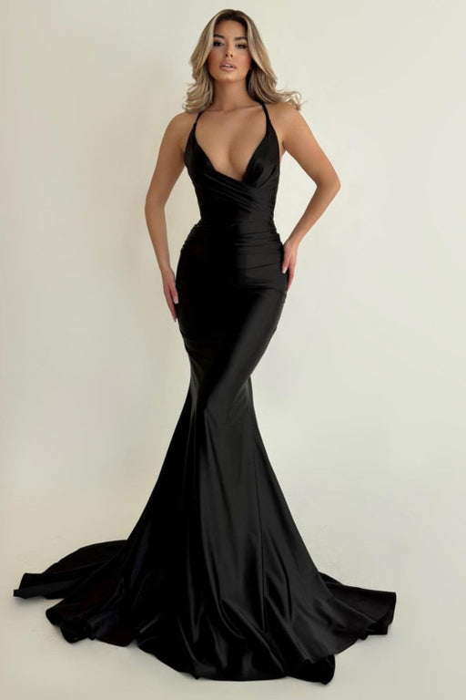 Black Halter Neck Prom Gown with Pleats