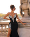 Black Long Prom Dress with Appliques, V-Neck, and High Slit