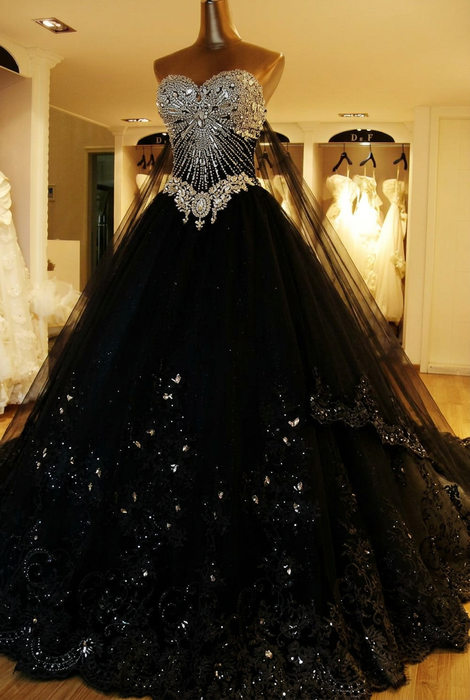 Black Lace Applique Strapless Sweetheart Wedding Dress