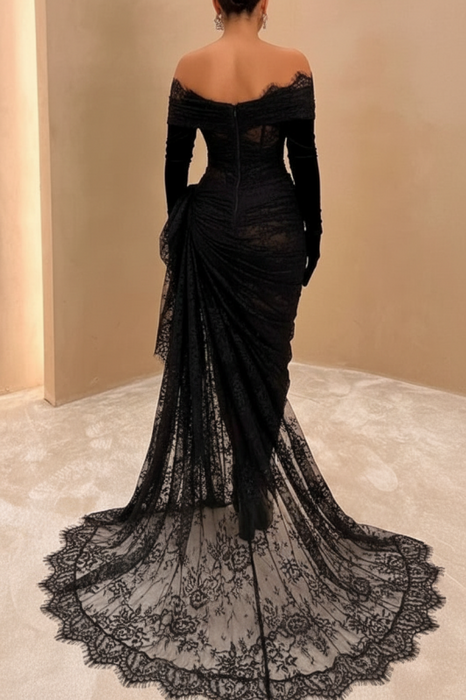 Black Lace Asymmetric Prom Dress - Back View