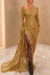 Gold Lace Asymmetric Prom Dress with High Slit and Gloves