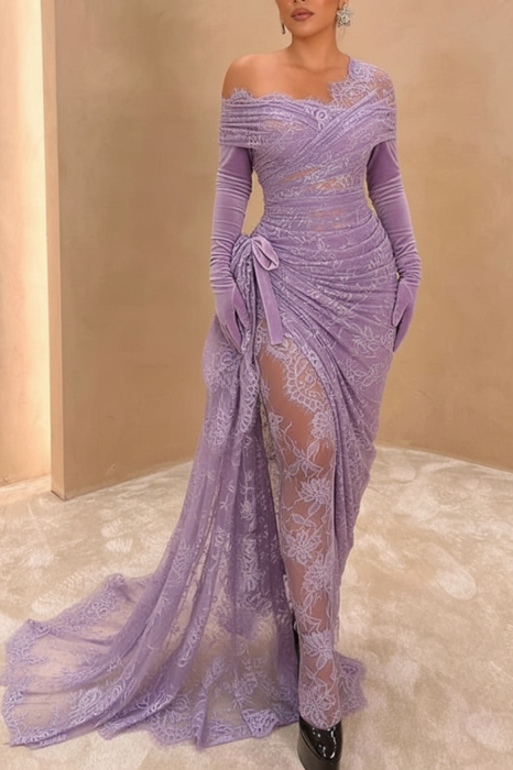 Lavender Lace Asymmetric Prom Dress with High Slit and Gloves