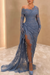 Dusty Blue Lace Asymmetric Prom Dress with High Slit and Gloves