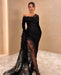 Black Lace Asymmetric Prom Dress with High Slit and Elegant Gloves