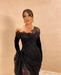 Black Lace Asymmetric Prom Dress with High Slit and Elegant Gloves