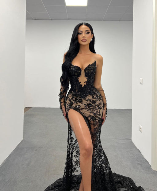 Black Lace Long Prom Dress with High Slit and Gown Gloves Design