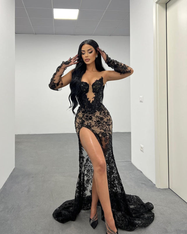 black lace dress with gloves Long Prom high Split On Sale-bridelily — Bridelily Emmie Lou Pink Striped subtle floral pattern blue Quinceanera Dresses Size:3YEAR