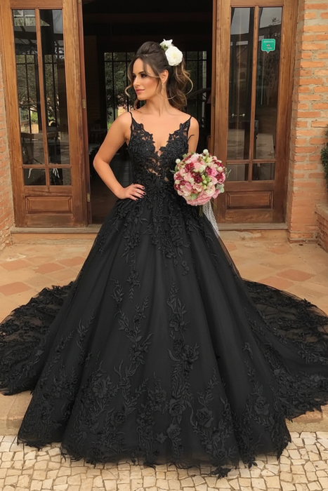 Black V Neck Lace Aline Wedding Dress