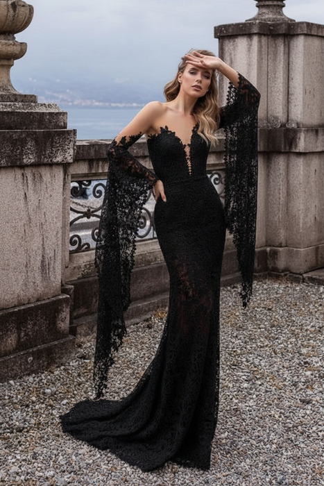 Black Lace Wedding Dress Mermaid Wedding Dress V Neck Long Sleeve Sexy Bridal Dresses