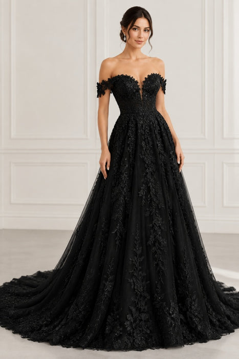 Black Lace Off-the-Shoulder A-Line Prom Dress with Train