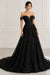 Black Lace Off-the-Shoulder A-Line Prom Dress with Train