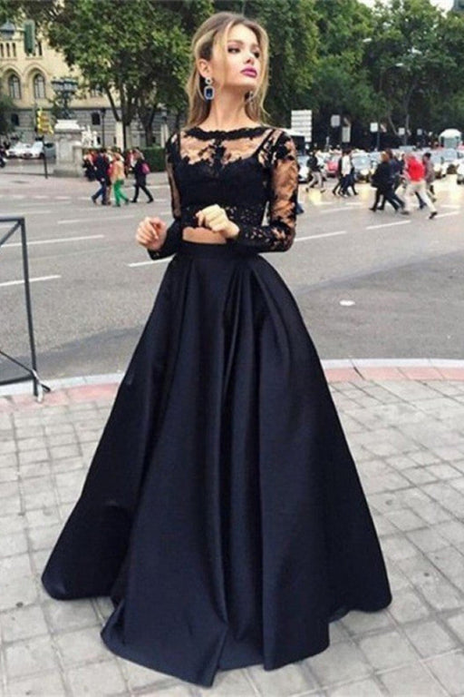 Black Lace Two-Piece Prom Gown with Long Sleeves