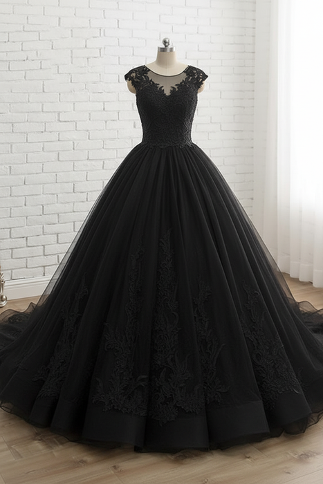 Black Lace-Up Tulle Ball Gown Wedding Dresses - wedding dresses