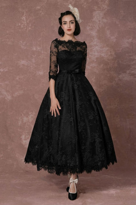 Tea length Lace Wedding Dress Champagne Half Sleeves-Bridelily