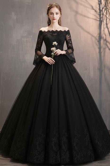 Black Lace Wedding Dresses Ivory Off The Shoulder Lace Applique Princess Bridal Gown