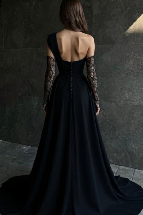 Black Long Sleeve Prom Dress V-Neck with Lace Appliques