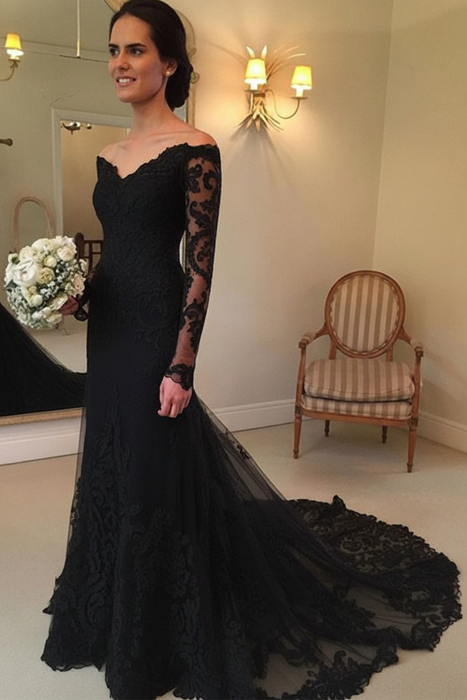 Black Long Sleeves Off the Shoulder Mermaid Lace Beach Wedding Dress - Wedding Dresses