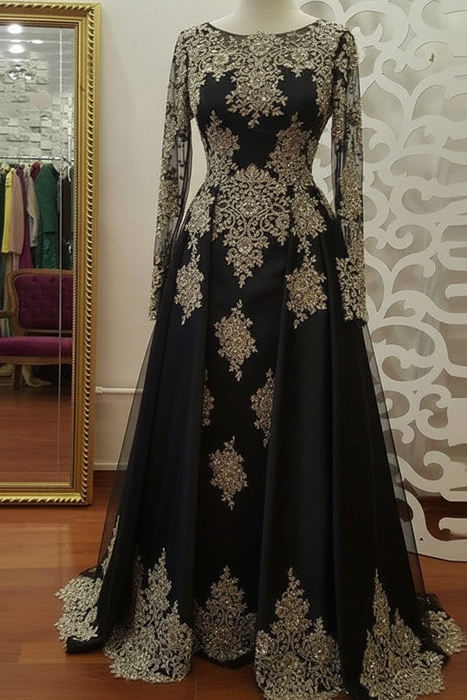 Black A-Line/Princess Long Sleeves Scoop Floor-Length Applique Tulle Muslim Dresses - Prom Dresses
