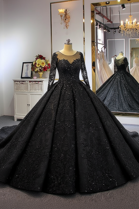 Black Luxury O-Neck Long Sleeves Lace- Up Ball Gown wedding Dresses - wedding dresses