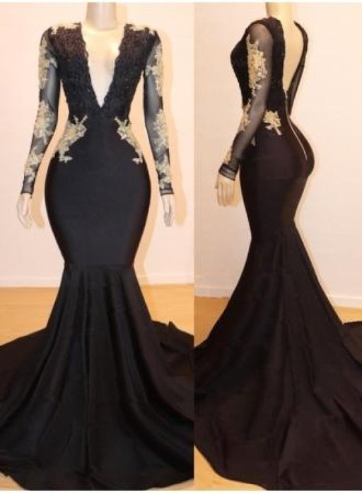 Black Mermaid Evening Gown with Long Sleeves