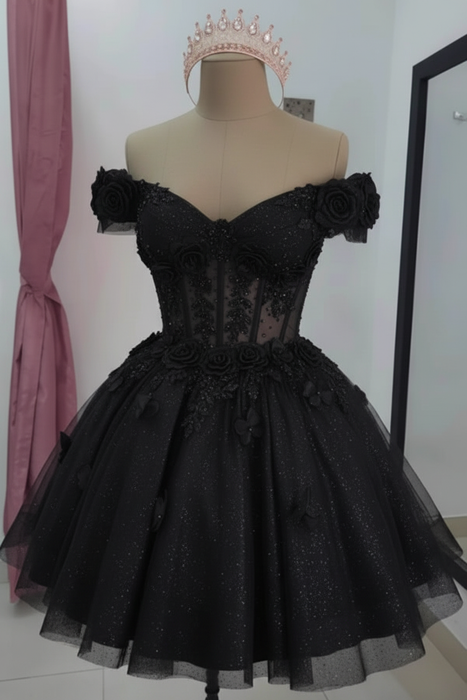 Black Sparkly Off Shoulder Tulle Homecoming Dresses Short 