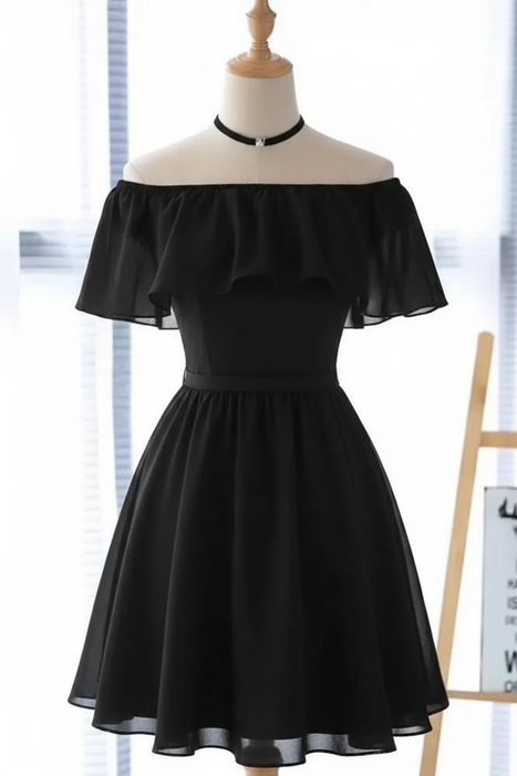 Black Off the Shoulder Chiffon Homecoming Cute Short Graduation Dress - Prom Dresses