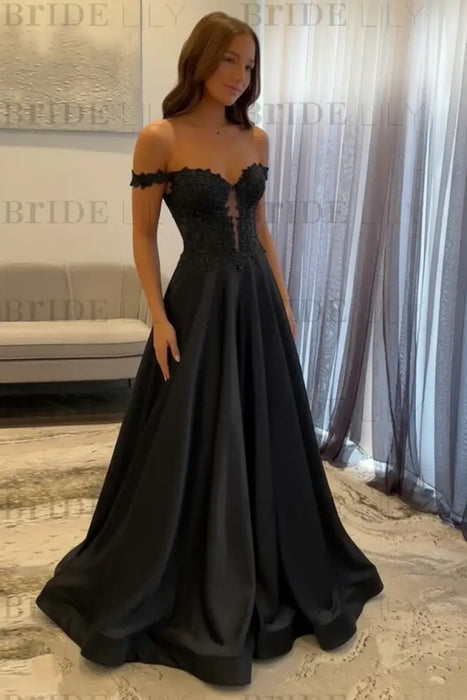 Black Off-the-Shoulder A-line Evening Dress Lace Prom Dress Long
