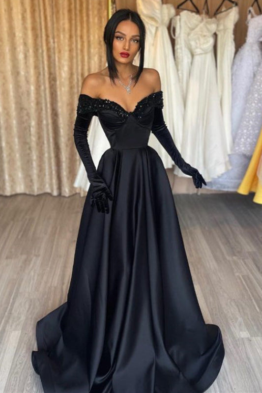 black prom dress with gloves