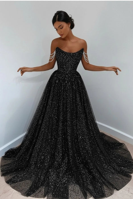 Black Off-the-Shoulder Prom Dress Long with Sequins - Prom Dresses
