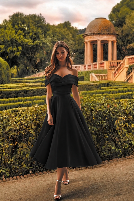 Black Off-the-Shoulder Tea Length Aline Wedding Dress Tulle Vintage Bridal Dress