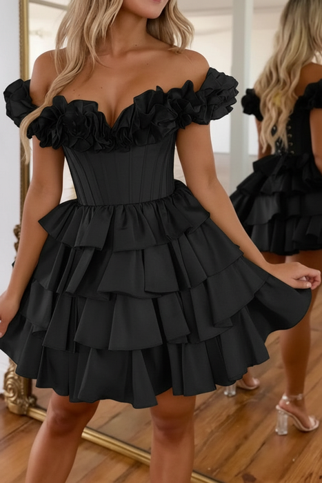 Black Off-the-Shoulder Satin Corset Graduation Dress Short Cocktail Dress