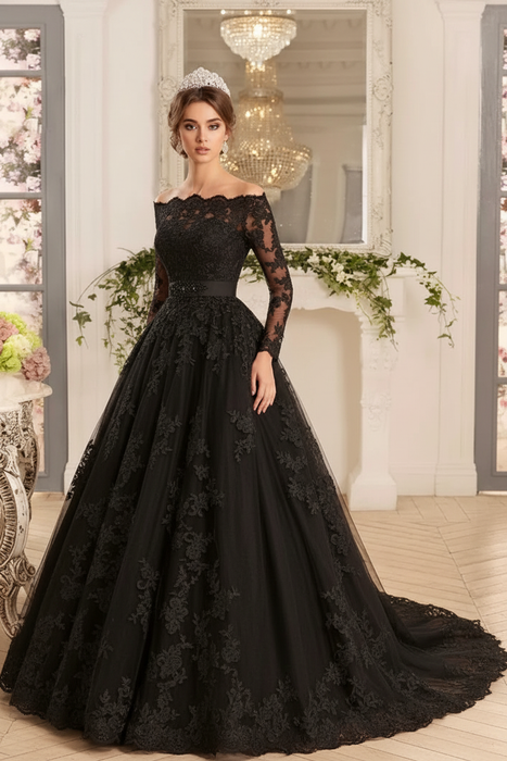 Black Off-the-Shoulder Tulle Ruffles Wedding Dresses - wedding dresses
