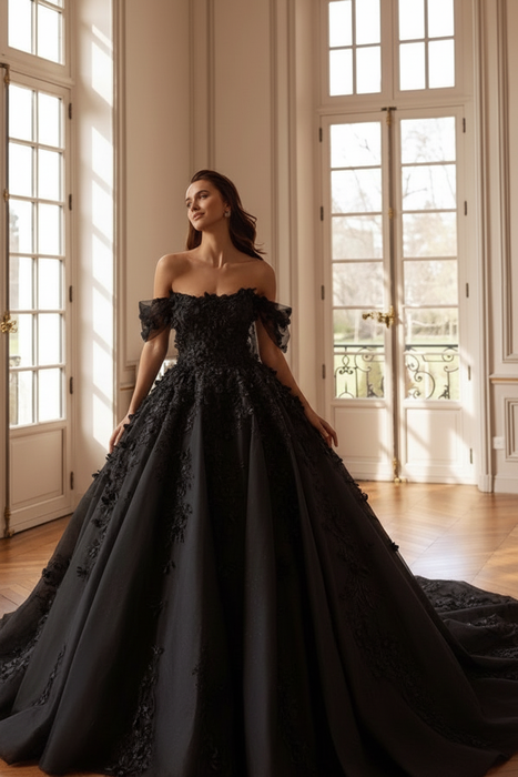 Black Beautiful Off-the-Shoulder Aline Wedding Dress Lace Appliques Ball Gown