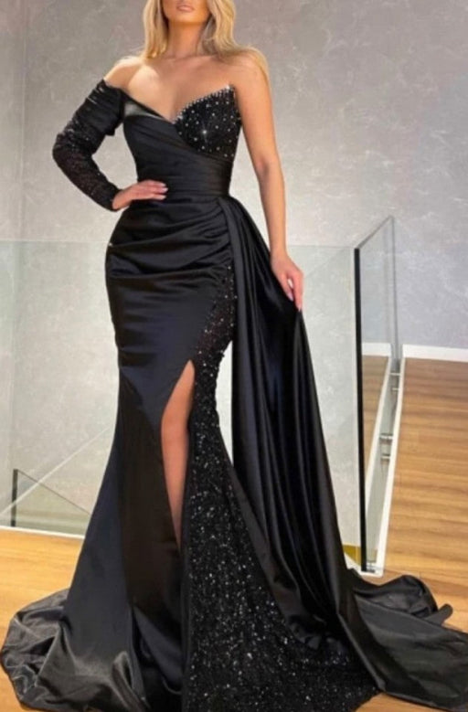 Black One-Shoulder Long Sleeve Mermaid Prom Dress with Sequins