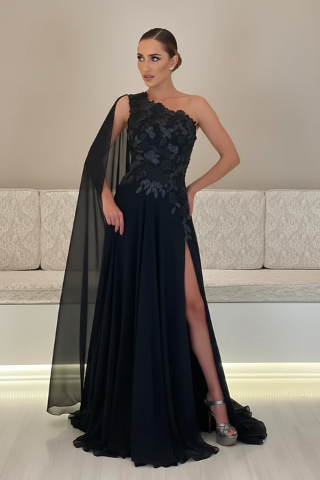 Black One-Shoulder Sleeveless Chiffon Evening Dresses Long with Side Slit - Prom Dresses