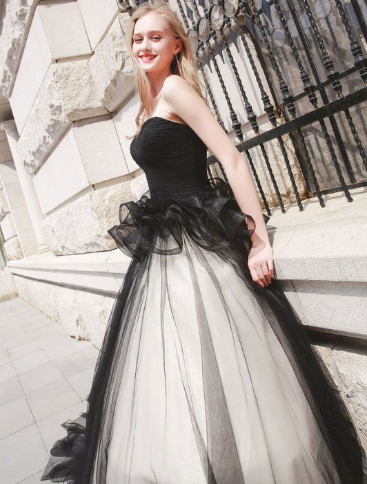 Strapless Tulle Princess Black Wedding Gowns-Bridelily