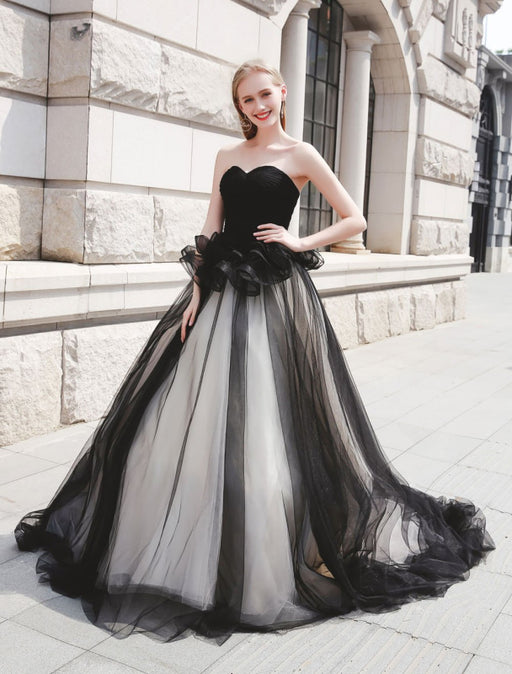 Strapless Tulle Princess Black Wedding Gowns-Bridelily Strapless Tulle Princess Black Wedding Gowns-Bridelily