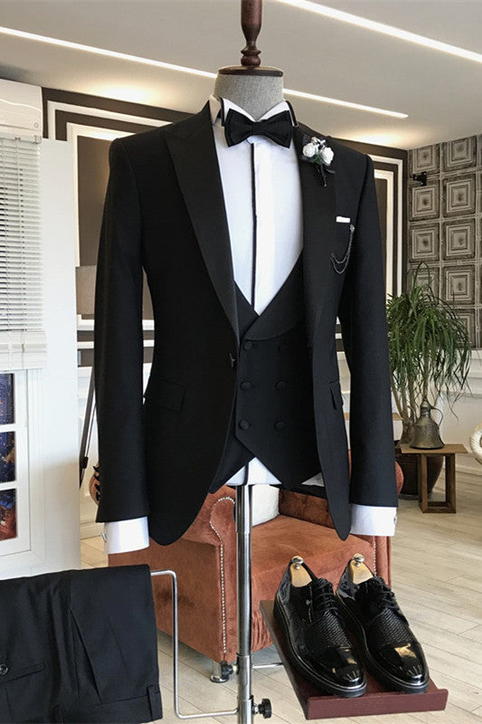 Formal Black Peaked Lapel 3 Piece Men's Business Suit