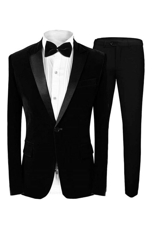 Black Peaked Lapel Two Pieces Velvet Prom Suits Groom Wedding Men Suit ...