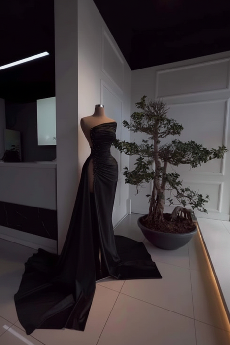 Black Pearl Strapless Prom Dress with Long Slit