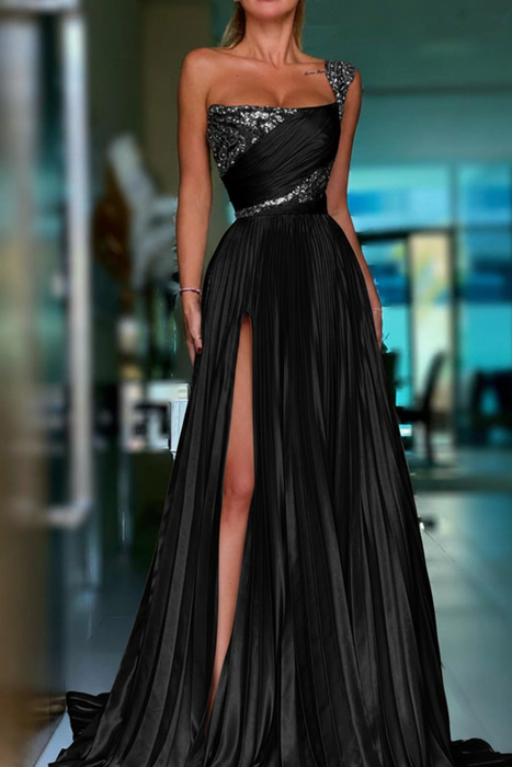 Black Pleated A-Line One Shoulder Prom Dress Gown with Front Split - Prom Dresses