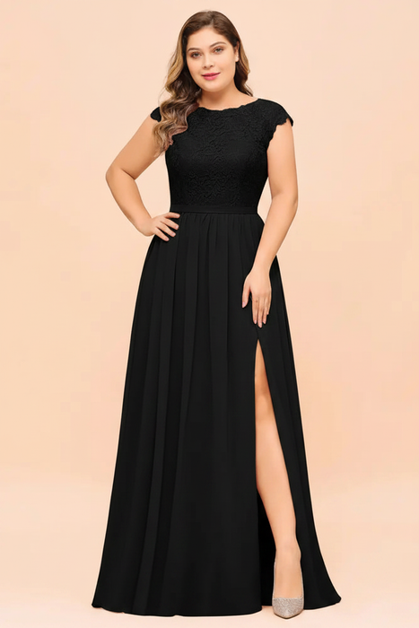 Black Plus Size Bridesmaid Dress Lace with Split Cap Sleeves Chiffon Wedding Guest Dress