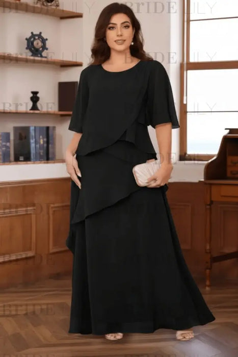 Black Plus Size Ruffles Chiffon Mother of the Bride Dress Scoop Neck with Half Sleeves