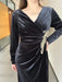 Princess A-Line V-Neck Floor-Length Plus Size Velvet Mother of the Bride Dress with Long Sleeves and Ruffles