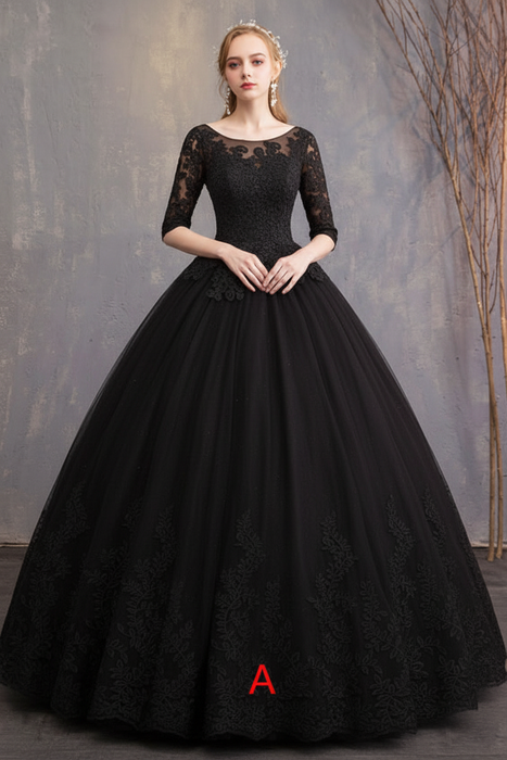 Black Princess Wedding Dresses Lace Illusion Neckline Half Sleeve Bridal Gown