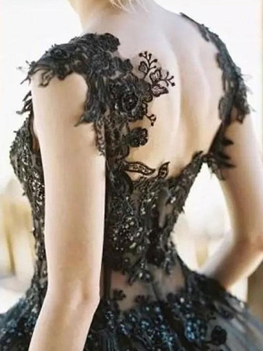 Black Loyal Wedding Dresses Tulle Princess Silhouette Sleeveless Low Rise Waist Lace Court Train Bridal Gown
