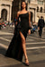 Black Prom Dress Long Sleeves Tulle One Shoulder with Pleated Slit
