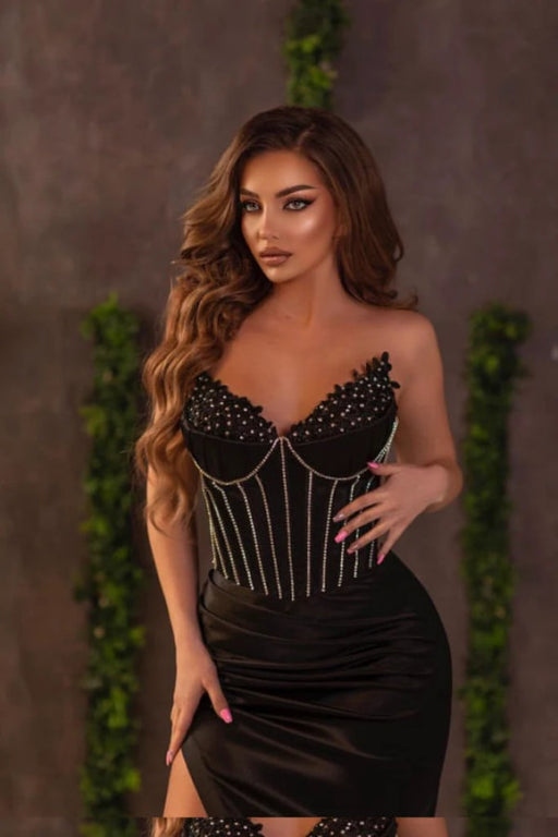 Black Prom Dress V Neck Strapless with Slit Beadings - Prom Dresses